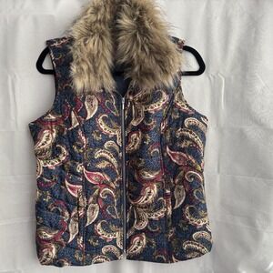 Chicos Paisley Quilted Vest Women Size 1 Blue Pink  Floral Puffer Boho Size M
